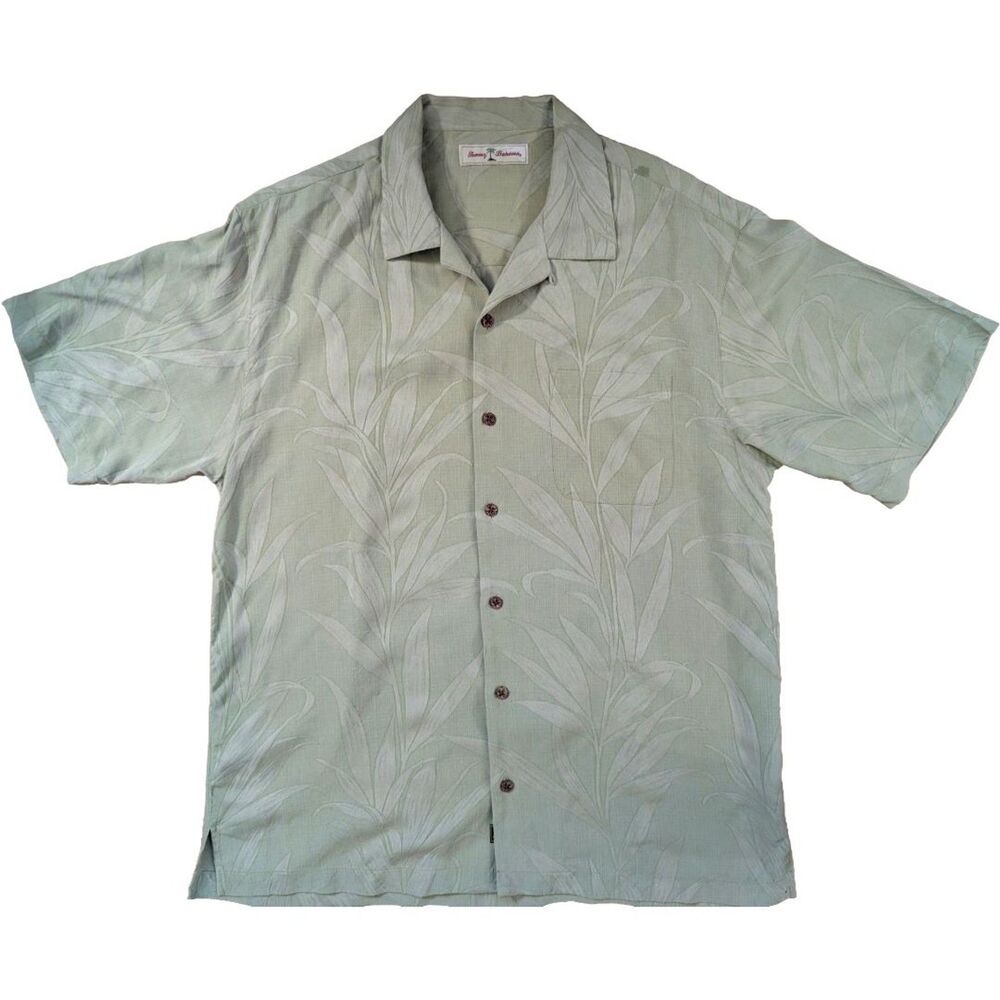 Tommy Bahama Hawaiian Shirt Men's Medium Light Green 100% Silk Short Sleeve
